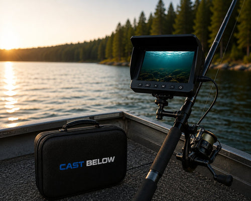 Cast Below Scout kit and monitor on a boat at sunset